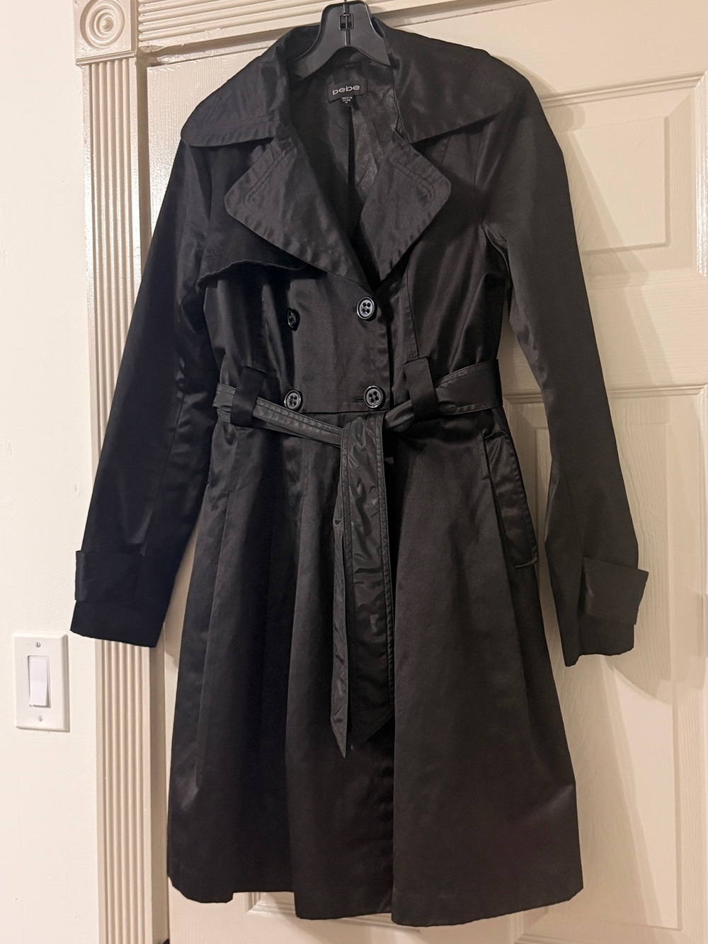 Bebe Y2K Women's Trench Coat Vintage Belted Flared Black sz M - Picture 8 of 9